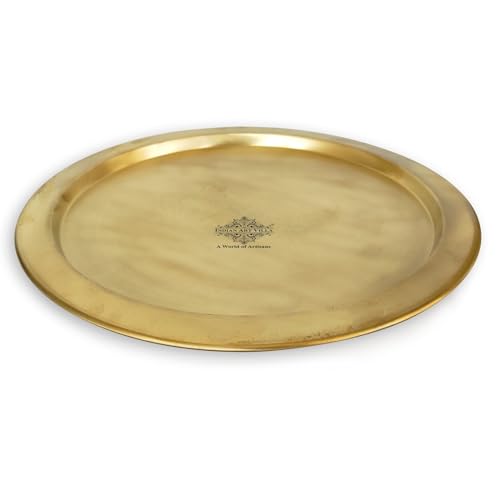 Image of INDIAN ART VILLA Handcrafted Brass Plain Plate /Thali, Matte Finish, Ideal for Serving Food or Home Decor, Diameter - 16 inch