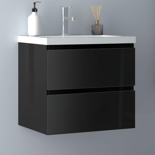 Biubiubath Badezimmermöbel 60cm Mineralguss Waschtisch mit Unterschrank Badmöbel Set Badezimmerschränke mit 2 Soft-Close Schubladen Hochglanz Schwarz