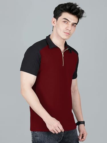 Image of London Hills Men's Loose Fit Half Sleeve Color Block Polo T-Shirt with Zip Collar | Premium Polyester Fabric | T Shirt for Man | Tshirt | Shirts Men | Tshirt for Man | Men T-Shirts