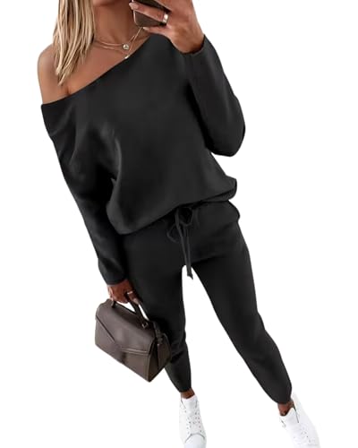 CHICME Casual Lounge Sets for Women Long Sleeve Off The Shoulder Pullover Tops and Pants Matching Set Tracksuit Black-M