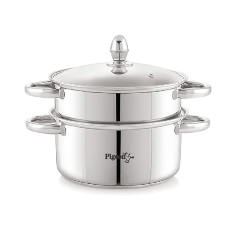 Image of Pigeon Elantra Stainless Steel 2 Tier Steamer Pot Set with Glass Lid | Pasta Steamer Momo /Modak Maker | Vegetable Steamer | Rice Steamer (22cm)|Capsulated Induction Bottom|ISI Certified.