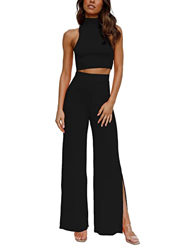 ARTFREE Womens 2 Piece Outfits Sets Casual Sweatsuits Streetwear, Ribbed Knit Palazzo Wide Leg Pants and Cropped Tops