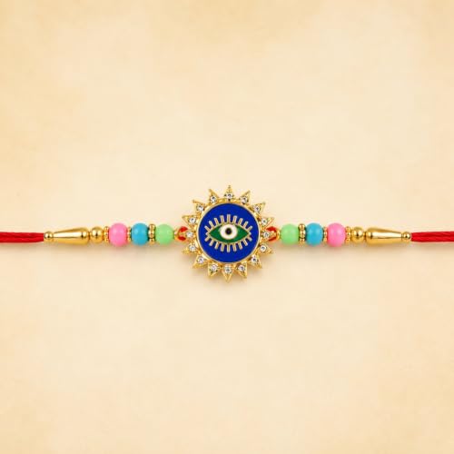 Image of DeoDap Rakhi for Brother - Evil Eye Design Rakhi with Stylish Travel Tumbler 1800 ML, Silver Colour Pooja Coin, Greeting Card & Tilak Set - Traditional Raksha Bandhan Gift Combo (Pack of 5)