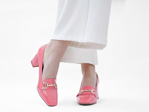 Image of Womens Mid Block Chunky Heeled Loafers Closed Square Toe Patent Leather Comfortable Slip On Pumps Metal Chain Basic Classic Casual Work Office Dress Shoes 2.8 Inches Heels