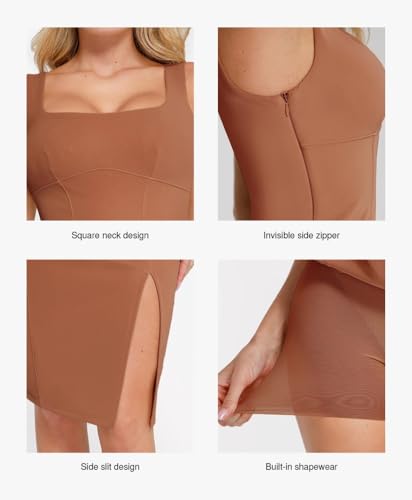 Image of Popilush Leather Dress with Built in Shapewear Square Neck Slit Midi Dresses Faux Leather Concert Club Outfits