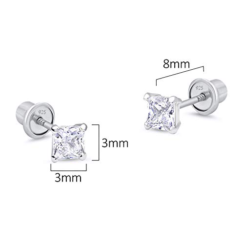 925 Sterling Silver Rhodium Plated 3Mm Princess Cut Cubic Zirconia Stud Screwback Baby Girls Earrings #TOP1