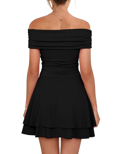 Kaximil Women's Off The Shoulder Mini Dress Ruffle Hem Ruched Corset Short Cocktail Party Dresses2