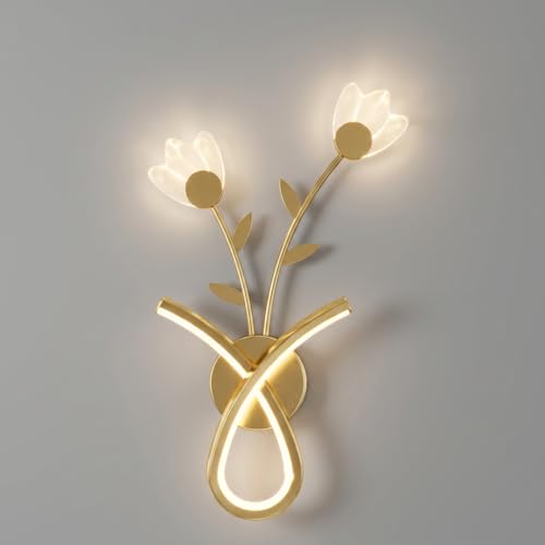 Image of Wall Light 3-Color CCT (Warm + Natural + Cold White) LED Gold Floral Vase Design Metal Acrylic Wall Lamp for Bedroom Living Room