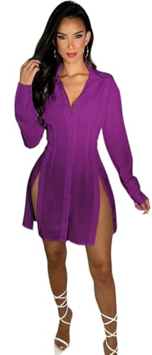 Image of Shirt Dress for Women Sexy Button Down Date Night Dresses Ruched Slit Stand Collar Long Sleeve Blouses