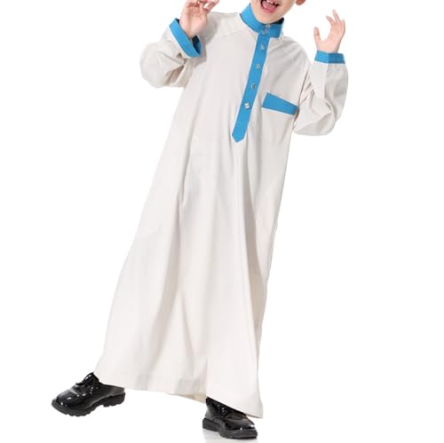 Boys Muslim Thobe Kids Islamic Kaftan Ramadan Eid Outfits Prayer Clothes Long Sleeve Stand Collar Robe with Pocket3