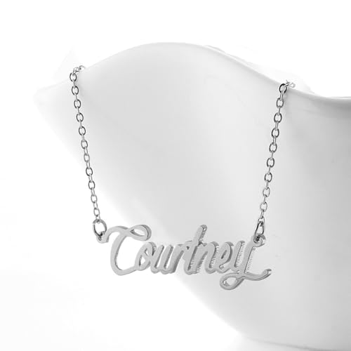 AOLO Courtney Name Necklace Silver Stainless Steel Initial Pendant Nameplate Mother Day Jewelry for Womens