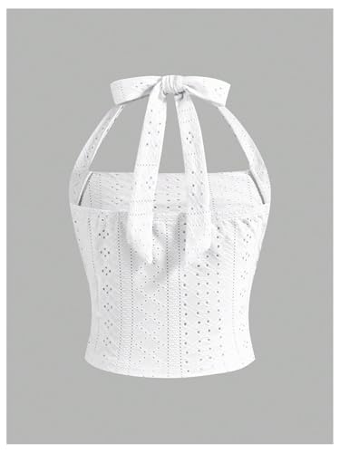 Image of Floerns Girl's Eyelet Embroidery Sleeveless Halter Vest Solid Ruched Crop Tank Top