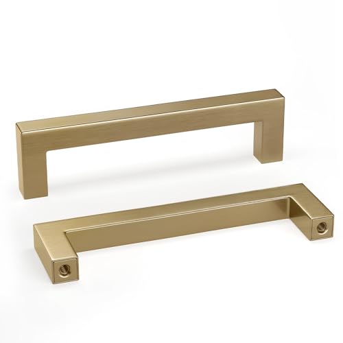 goldenwarm 10 Pack Champagne Bronze Cabinet Pulls Bronze Drawer Pulls 4 Inch Kitchen Cabinet Handles Champagne Gold Drawer Handles T Bar Square Hardware for Kitchen Bedroom Cupboard, 102mm Hole Center