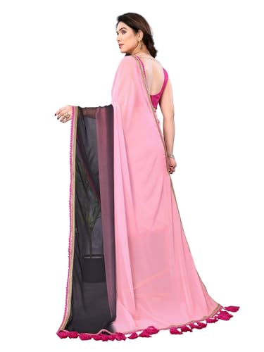Image of RAJESHWAR FASHION WITH RF Women's Fancy Desian Ombre Georgette Saree For Women With Latkan Tassels Lace Border & Unstitched Blouse