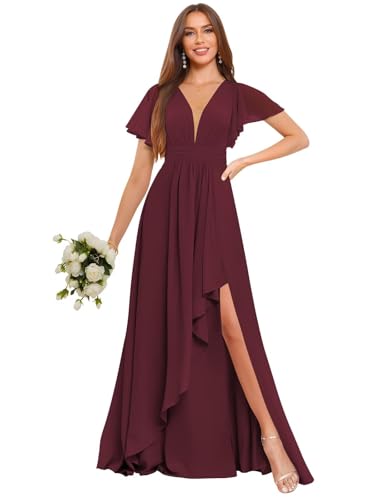 Image of Deep V Neck Chiffon Bridesmaid Dresses Ruffle Formal Dress with Sleeves Pleated High Low Evening Gowns for Women