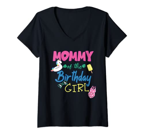 Femme Mommy Of The Birthday Girl Pool Theme Matching Family T-Shirt avec Col en V