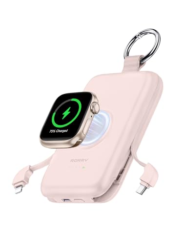 Image of RORRY CharmGo Portable Charger, 10000mAh 20W Fast Charging Portable Charger Power Bank with Built in Cables, Travel Battery Pack for iPhone 17 /16 /15 /14 /13 /12 and Apple Watch, Pink