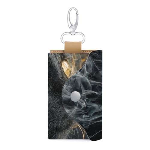 Black Cat with Golden Eyes Key Holder Bag PU Leather ID Card Holder Keychains Case Cover for Men Women