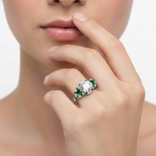 Image of 55Carat Choose Your Gemstone Delicate 3 Stone Halo Diamond CZ Ring Sterling Silver Round Shape Halo Engagement Rings Everyday Jewelry Wedding Jewelry Handmade Gifts for Wife US Size 4 to 12