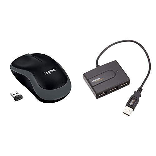 Logitech M185 Wireless Mouse, Nero/Grigio & Amazon Basics - Ultra Mini Hub USB 2.0 a 4 porte