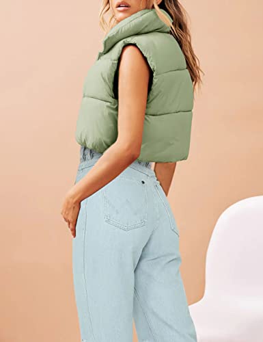 Merokeety Women's Stand Up Collar Solid Color Crop Puffer Jacket Vest Warm Outerwear Padded Gilet,Peagreen,L #TOP2