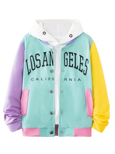 WDIRARA Girl's Letter Graphic Print Colorblock Long Sleeve Button Front Baseball Bomber Jacket