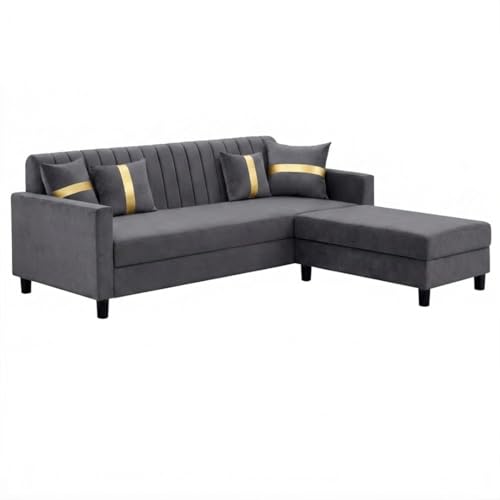 Image of CASASTYLE Korion 4 Seater L Shape Sofa Set with Movable Ottoman | Flexible Left or Right Layout | Cozy Velvet Fabric | Soft Touch Seating | Modern Designer Sofa for Living Room (Dark Grey)