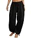 TITOMD Women's Linen Balloon Barrel Beach Pants Boho Harem Flowy Drawstring Casual Loose Pants with Pockets (US, Alpha, Medium, Regular, Regular, Black)