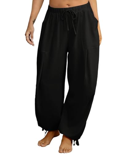Image of Women's Linen Balloon Barrel Beach Pants Boho Harem Flowy Drawstring Casual Loose Pants with Pockets