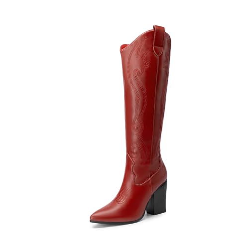 Image of DREAM PAIRS Cowboy Boots For Women, Comfortable Pull On Zipper Chunky Heel Pointed Toe Embroidered Western Cowgirl Knee High Boots