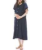 NISHIKI[ニシキ] マタニティ パジャマ 授乳口付き 半袖 フレア袖 綿混 天竺ニット素材 前開き ロング丈 授乳服 ネグリジェ ルームワンピース 部屋着 mate (ﾈｲﾋﾞｰ無地/L/72411)