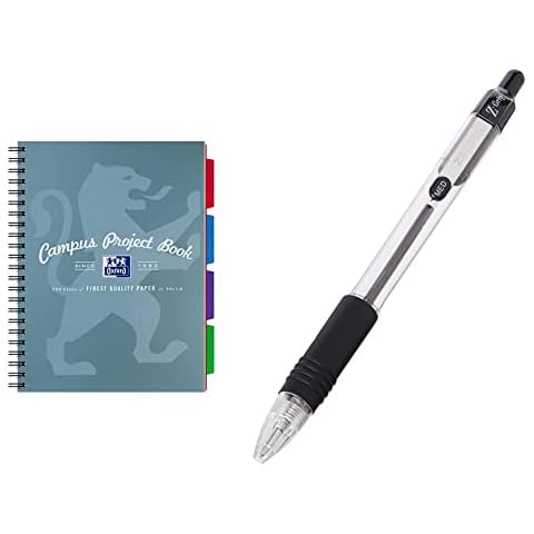 Oxford Campus, A4 Project Book, A4 Notebook Lined with Dividers, Metallic Blue & Zebra Grip Black Ballpoint Pens, 10 Count (Pack of 1) Cover