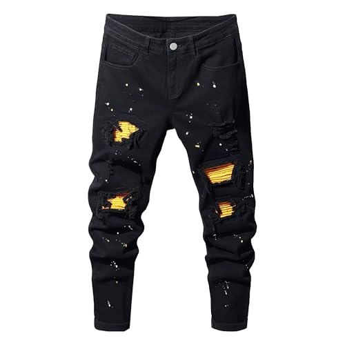 Men's Ripped Denim Pants Slim Fit Straight Leg Jeans Comfort Skinny Rock Revival Jeans Trousers