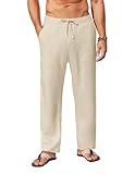 COOFANDY Men's Linen Beach Pants Loose Fit Drawstring Casual Pants Lightweight Baggy Cotton Trousers, Beige, X-Large