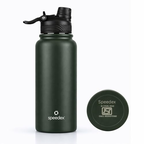 Image of Speedex Vacuum Insulated Stainless Steel Water Bottle 1 Litre (1000ml / 1L / 1 Ltr) with 2-in-1 Lid (Straw & Spout), Hot & Cold Leakproof Thermosteel Travel Flask for Office, Gym & School (Green)