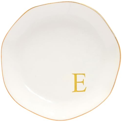 Image of Ceramic Jewelry Tray Initial Ring Dish Personalized E-Monogrammed Engagement Wedding Gifts, for Birthday Mother's Day Christmas for Women, Ceramic White 4.75 inch (E)