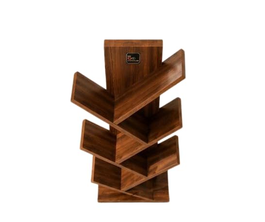 Wooden Book Shelf | Modern Zigzag Storage Rack | HDHMR Board | Space Saving Display Unit (Walnut Finish)-image-47