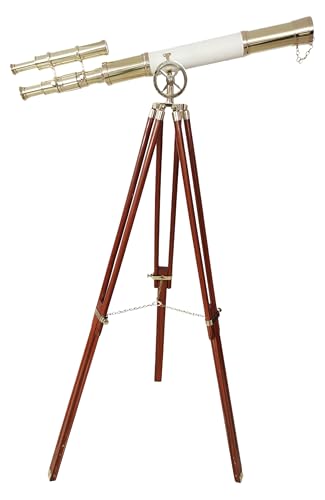 Vintage Floor Standing Telescope Spyglass White Leather Wrap Shiny Brass Finish Antique Design Wooden Brown Tripod Home & Office Decorative Telescope 27'' Inches Tube Length 49' Full Height