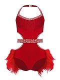 Yihuimin Vestido de baile latino niña sin mangas plumas traje de ballet con flecos patinaje artístico traje jazz chacha ropa de baile competiciones actuación escenario, rojo, 122-128
