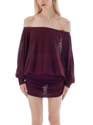 Image of Women's Off The Shoulder Dress Long Sleeve Batwing Mini Ruched Sheer Y2K Oversized Club Sexy Night Out Dresses