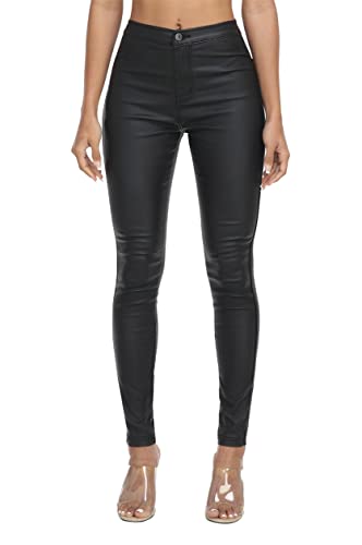 Womens High Waisted Faux Leather Pants PU Coated Legging Jeans(058-leather Black,5)