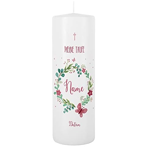 Striefchen® Taufkerze für Mädchen mit Blumenkranz und Schmetterling bedruckt Cover