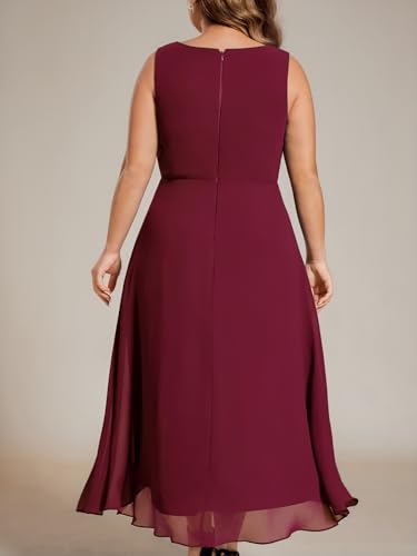 Image of Ever-Pretty Plus Women's V Neck Applique Chiffon Pleated Sleeveless Midi Plus Size Cocktail Party Dresses