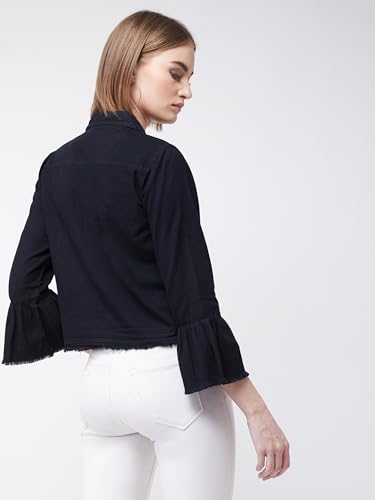 Image of Miss Chase Women's Polo Neck Full Sleeves Patch Pocket Denim Overcoat Knee-Length Jacket