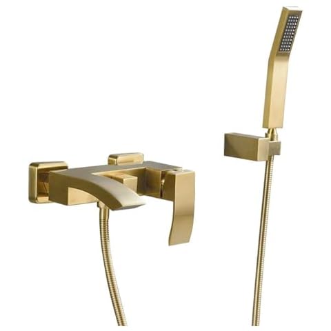 JinYuZe Modern Brass Waterfall Wall-mount Bath Tub Filler Faucet with Handheld Shower Head (with Hand Shower) (Brushed Gold) Cover