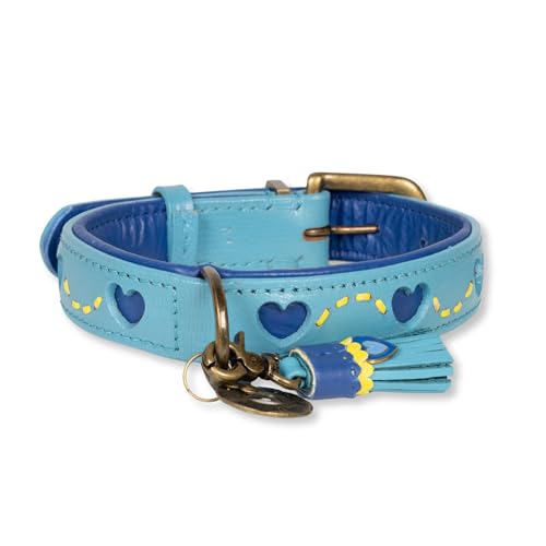 Dog with a Mission - Hundehalsband S | Sky | Blau mit Herzen | Boho und Hippie | Ideal für mittelgroße Hunde | Handgemacht | Modisch und Bunt | Aus weichem Echtes Leder | 2,5 cm Breit