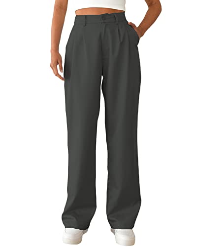 Women's Casual Straight Trousers High Waisted Button Work Office Dress Pants with Pockets (Dark Grey,Small Short)