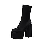 vivianly Women's Platform Ankle BootsHigh Chunky Heel Mid-Calf Boots Black size 8