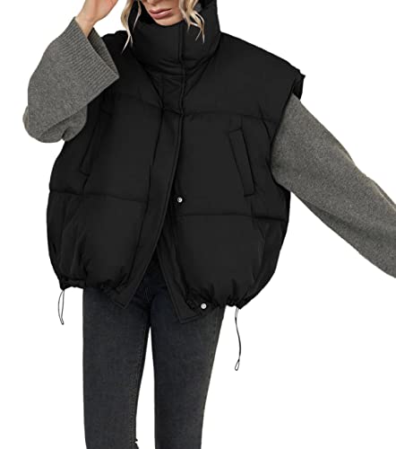 Veatzaer Womens Oversized Puffer Vest Outerwear Stand Collar Drawstring Hem Sleeveless Jackets Zip Warm Winter Coats4