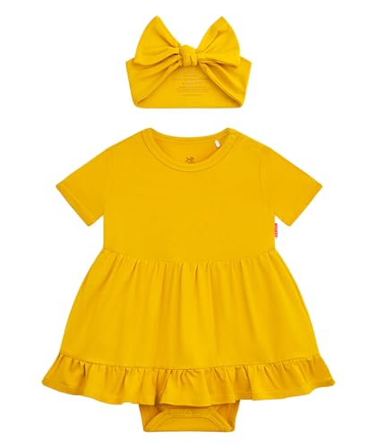 Infant Baby Girl Bodysuit Dress with Hairband Set, Bamboo Viscose Summer Clothes Outfit
